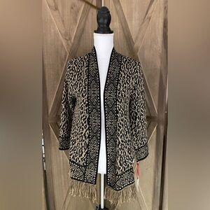 Leopard Print Fringe Cardigan Women’s Sz S gold shimmer open front gothic